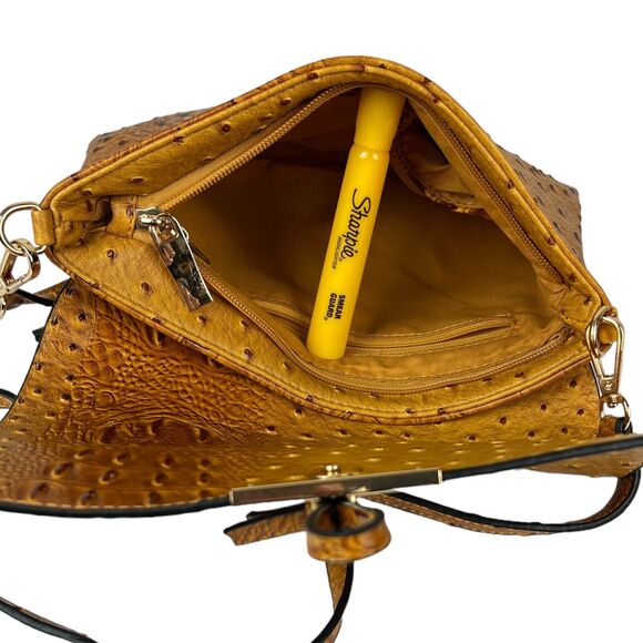 Le Miel Yellow Gold Vegan Ostrich Grain Crossbody Shoulder Bag PETA Approved - Picture 6 of 8